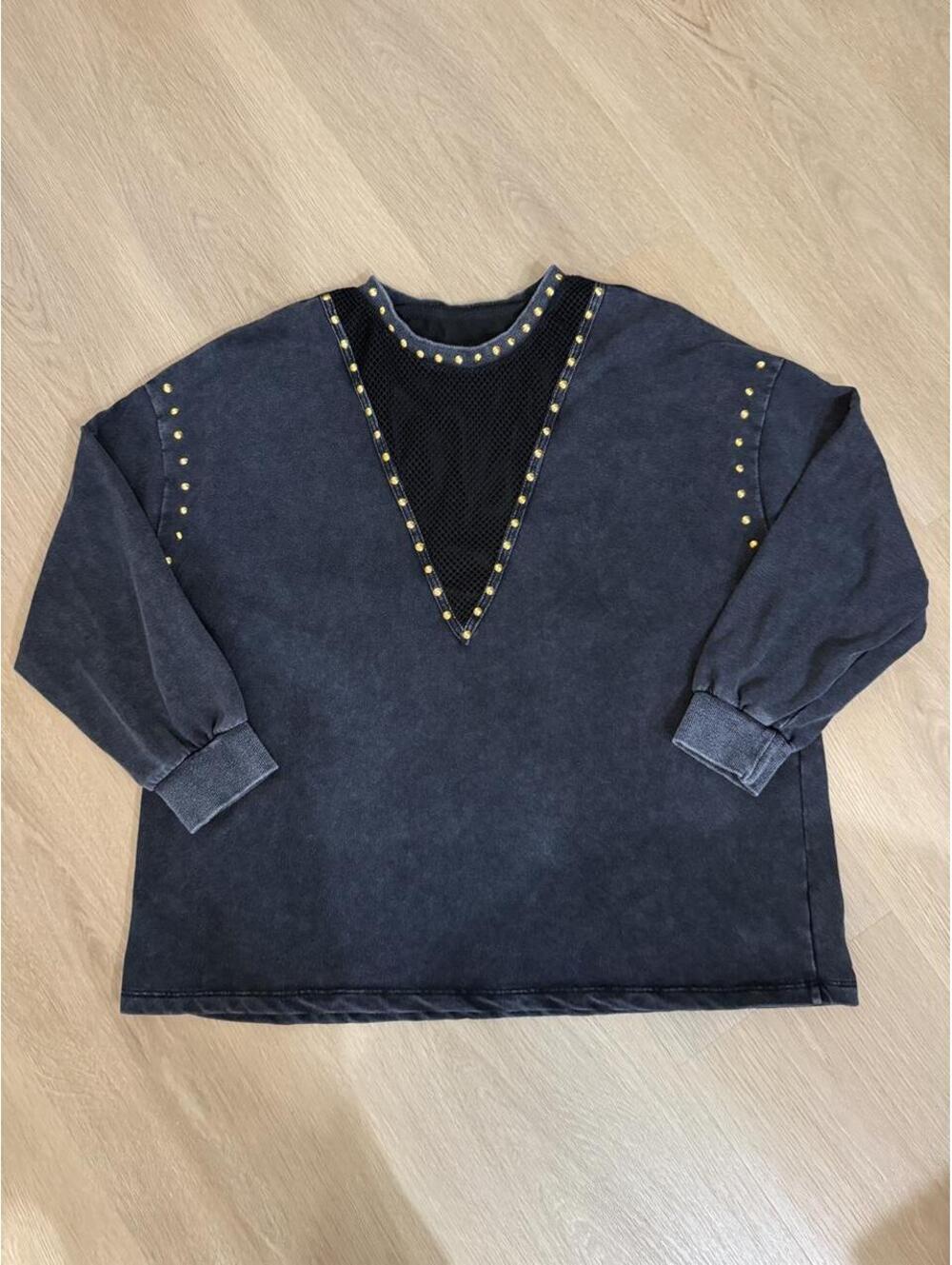Bohemela Black Washed Knit Long-Sleeve Sweatshirt with Mesh Detail Size Small